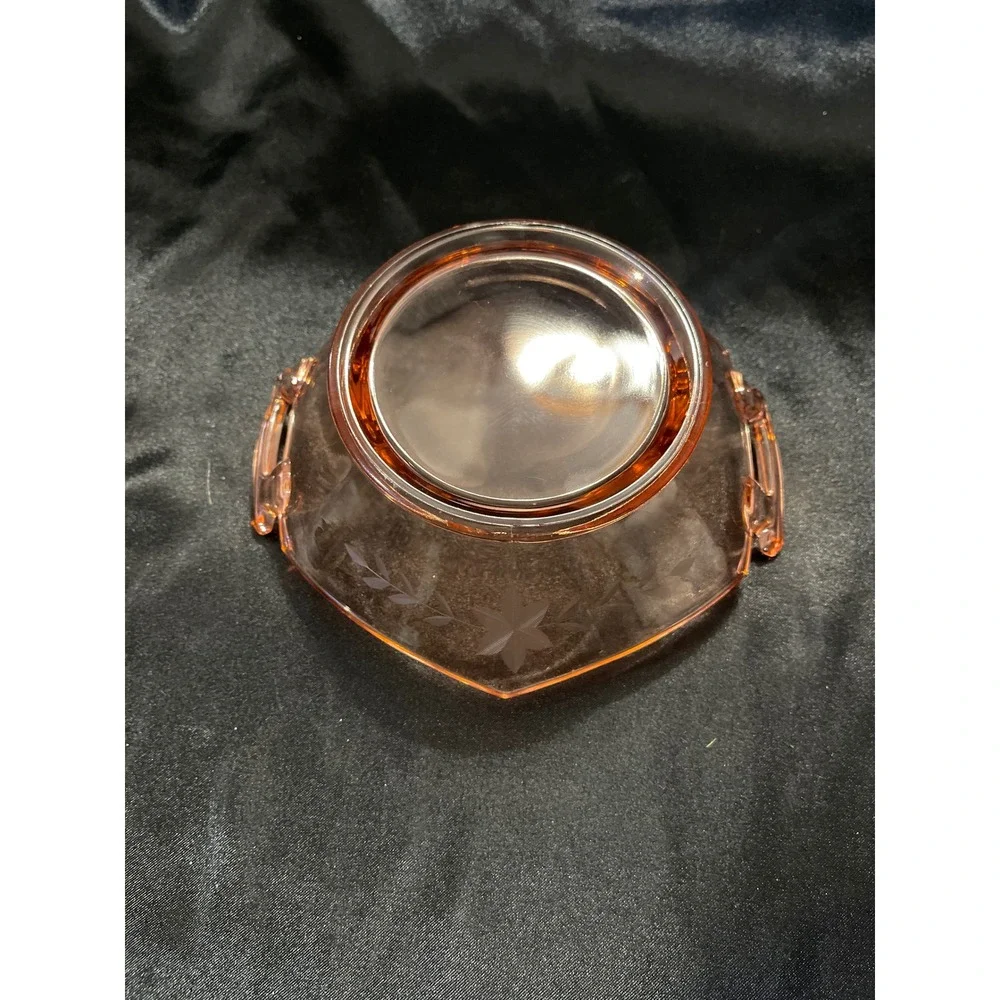 Vintage Pink Depression Glass Hexagon Bowl Etched Floral Pattern Tab Handles‎